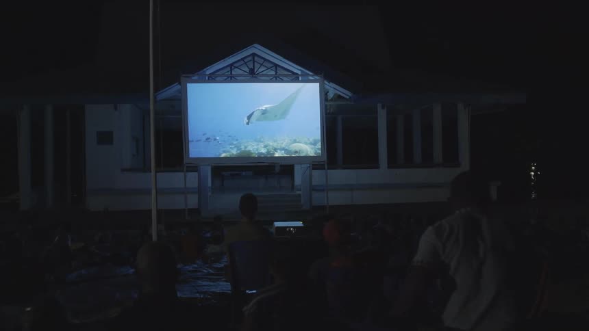 A large crowd watches a projected film outdoors