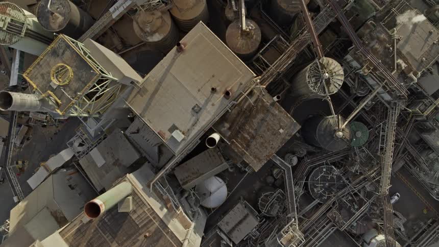 Top down view of an insane maze of machinery pipes and other industrial factory components