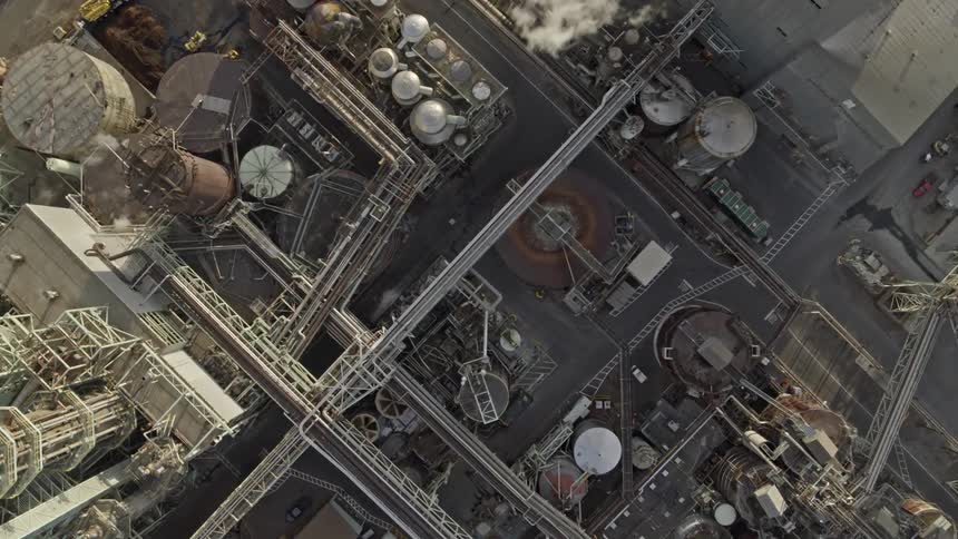 Birds eye view of piping tanks and buildings of a major industrial facility