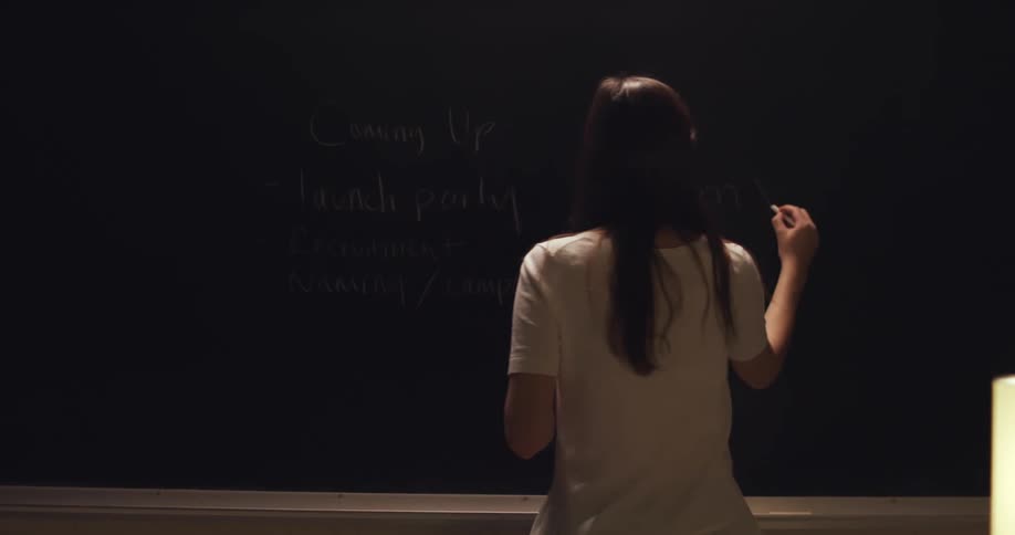 A teacher writing on a chalk board