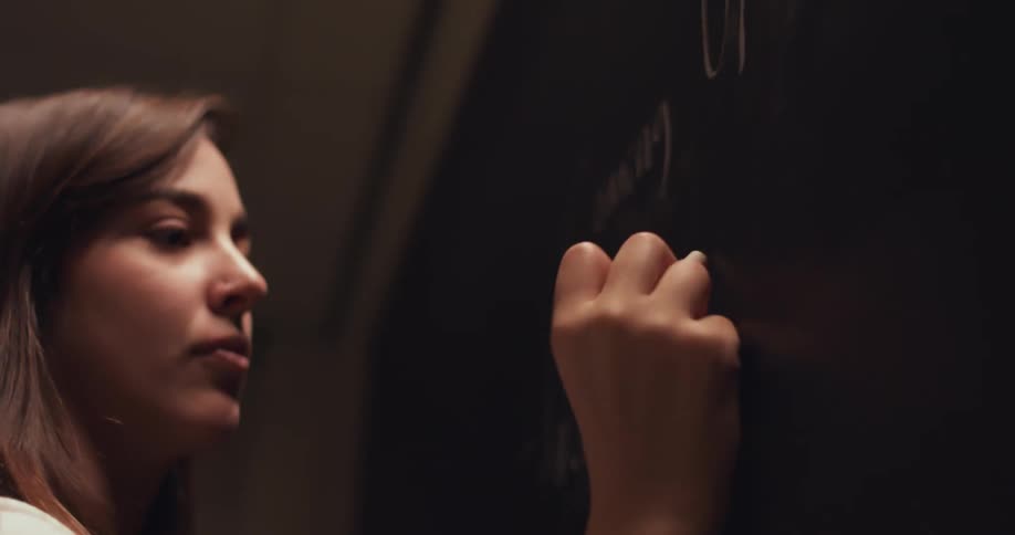 Woman writing out plans on a black chalk board