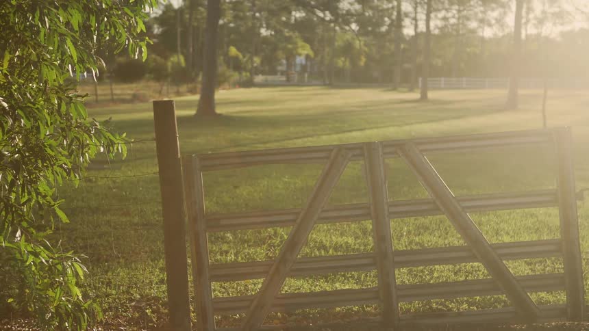 The tin gate of a barbed wire fence surrounding a field in a rural area