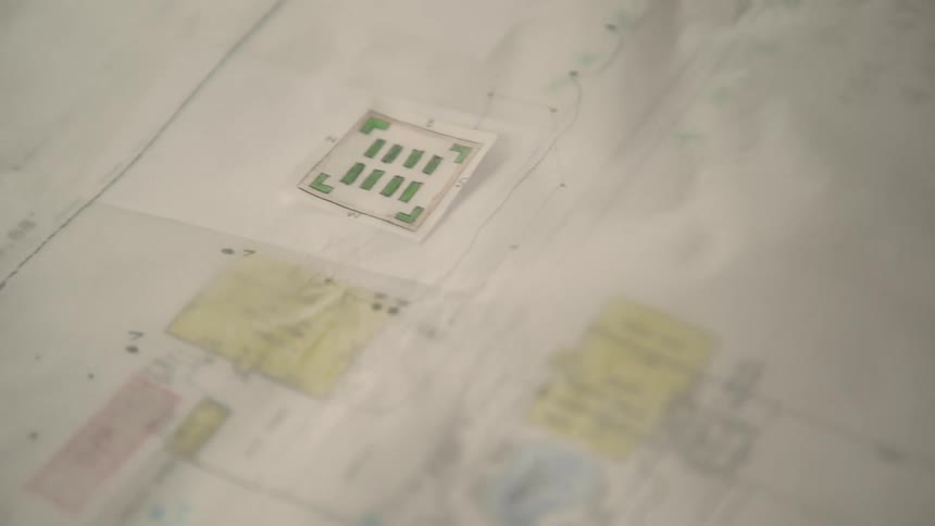 Blueprints for new construction are color coded and include a sketch of a pond