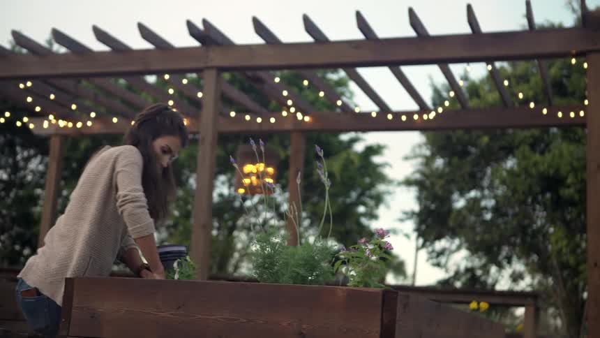 Woman planting flowers in a raised wooden flower bed