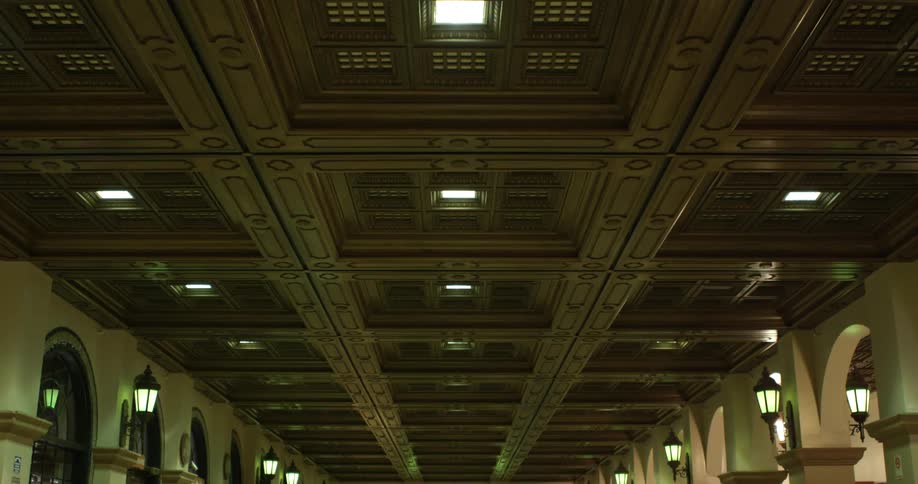 Ceiling of a building indoors with light fixtures
