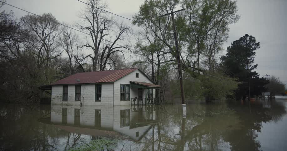 A house in a rural area on a flooded road