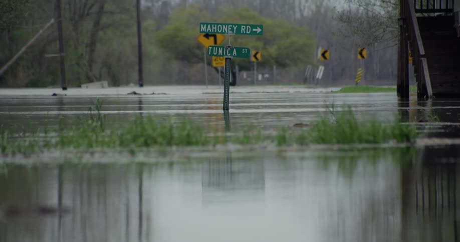 A road in the countryside is heavily flooded with water reaching halfway up the pole for a street sign