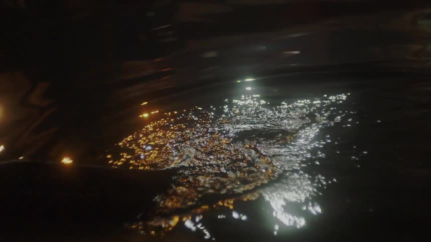 A large chunk of wood is removed from a reflective pool at night