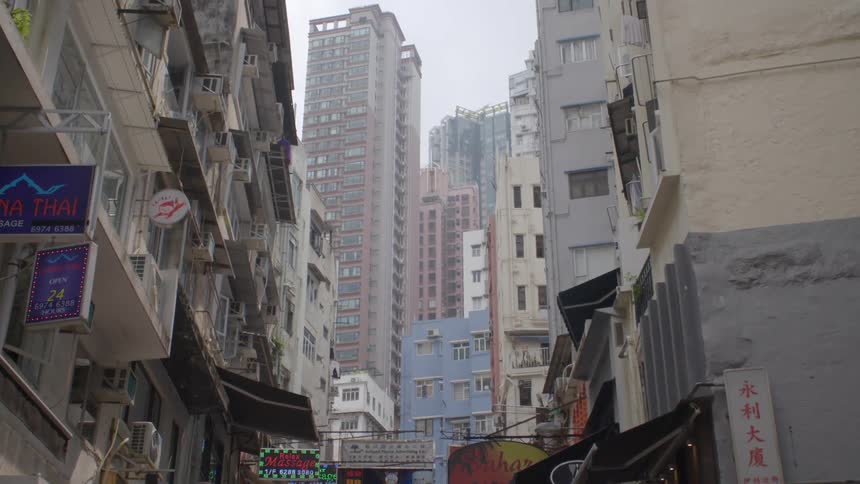 City shot with skyscrapers office buildings and business signs