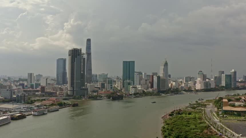 Aerial view of a downtown city is displayed