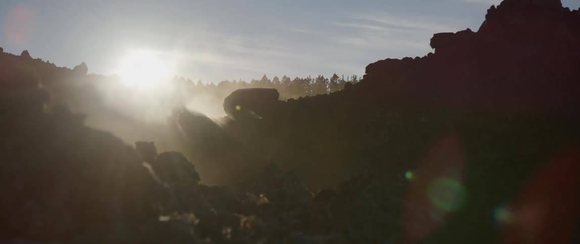 Sun rising over a silhouetted forest landscape in nature