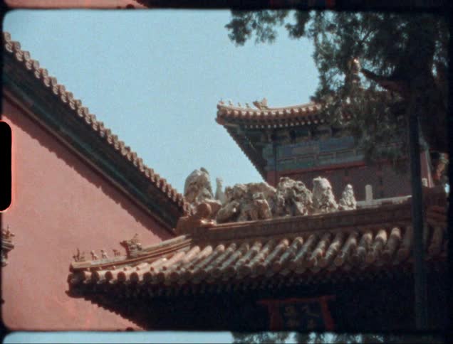 Exterior of an asian building with a tree and blue clear sky