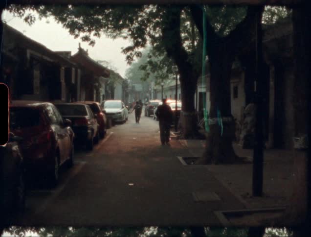 Busy street in a small town with people walking