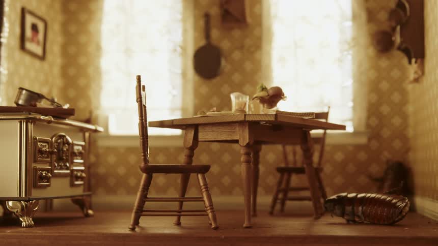 A bug is inside a dollhouse in the kitchen which has miniature furniture