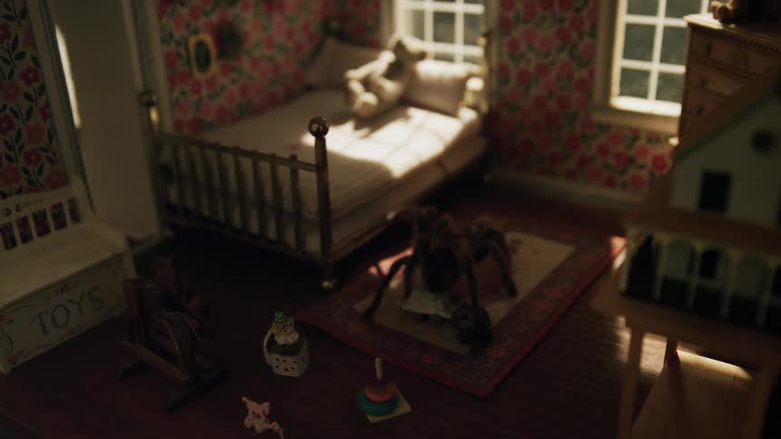 A tarantual is walking on the floor of a bedroom in a dollhouse with lights swinging back and forth outside the window
