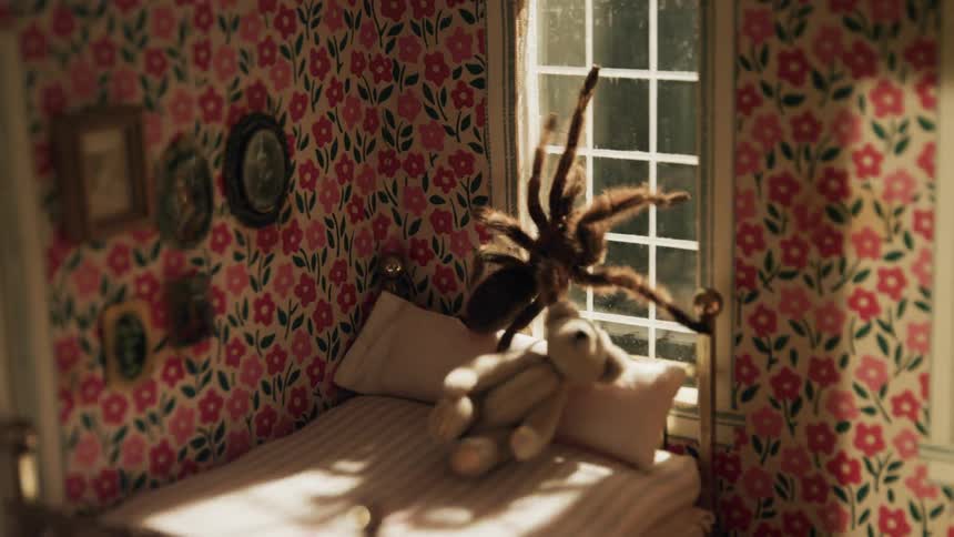 Tarantula walks across miniature teddy bear and bed in dollhouse