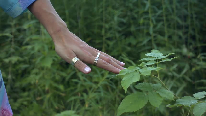 A woman stretches her arm out and moves her arm about as she stands in a field