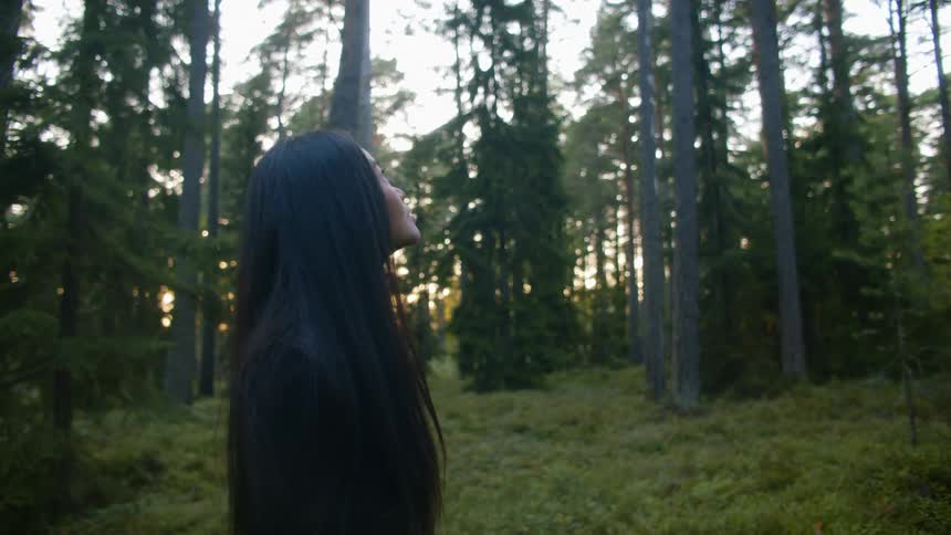 Woman walking through a forest at sunset looking up and around
