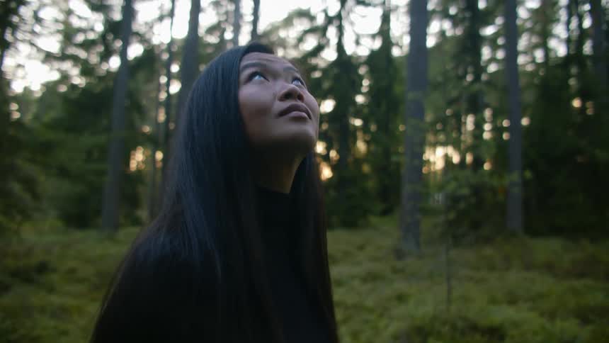 A woman walking in the woods looking at the sky with trees the sky and clouds in the background
