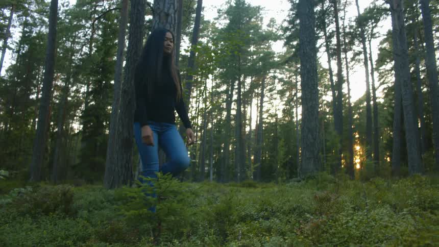 A woman walks through a forest while carefully stepping over the vegetation on the ground