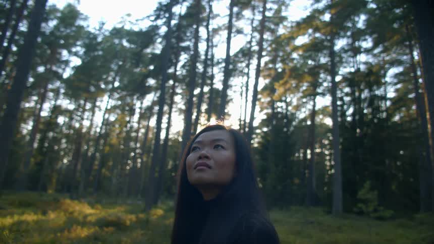 A woman standing in a forest looking upwards with trees the sky and clouds in the background