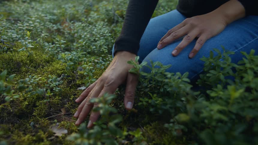 A woman is sitting on the ground outdoors in spring
