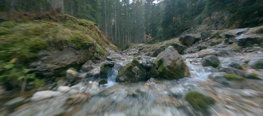River flowing over rocks in a rocky area of the woods with trees and moss all around