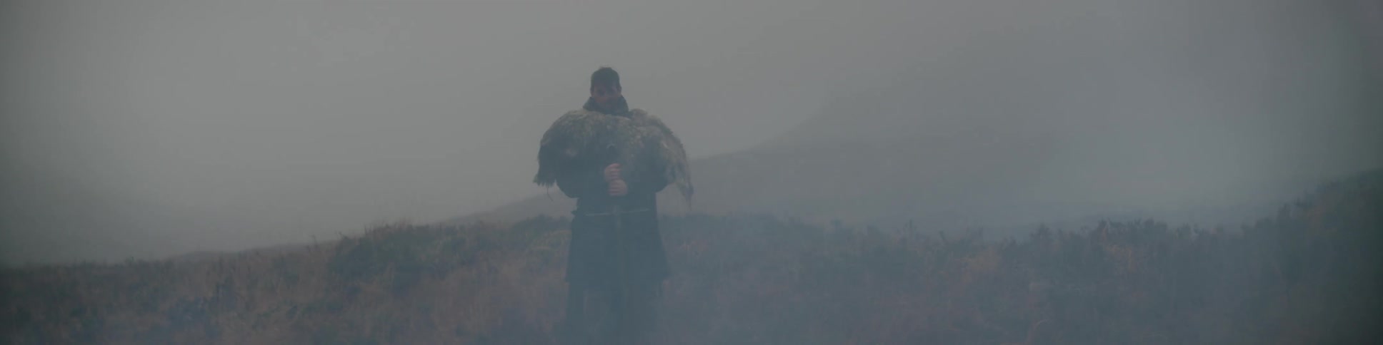 A man is leaning on his sword on a field