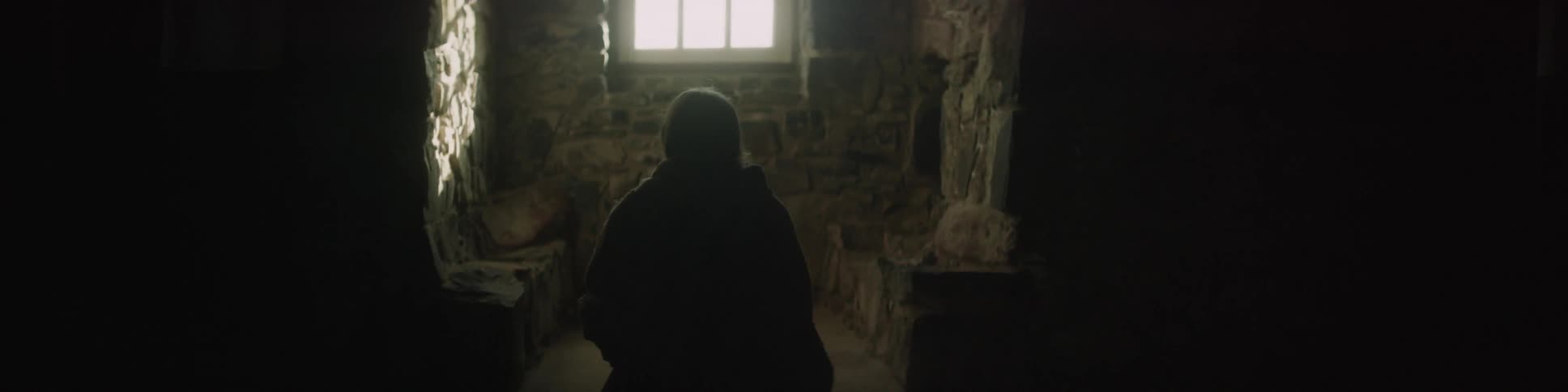 A person is standing in a dark room by a window