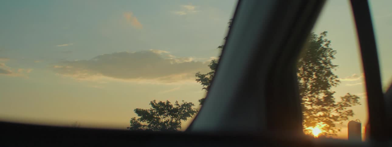 Inside of a car at sun set driving down a road next to small trees