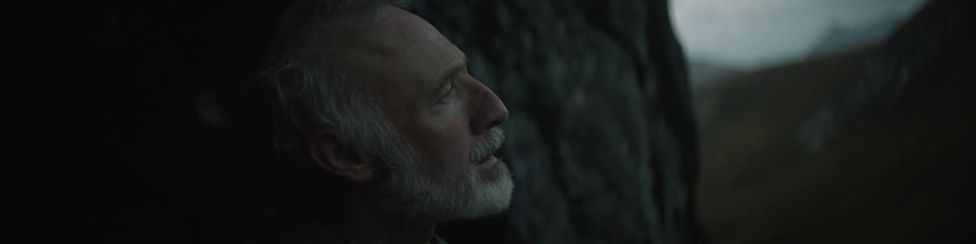 A man is standing near some rocks looking up