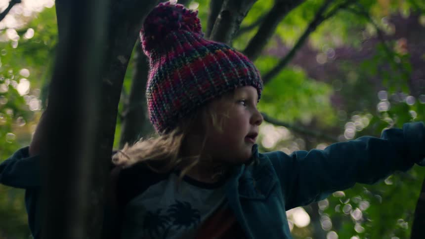A white small girl climbing in a tree