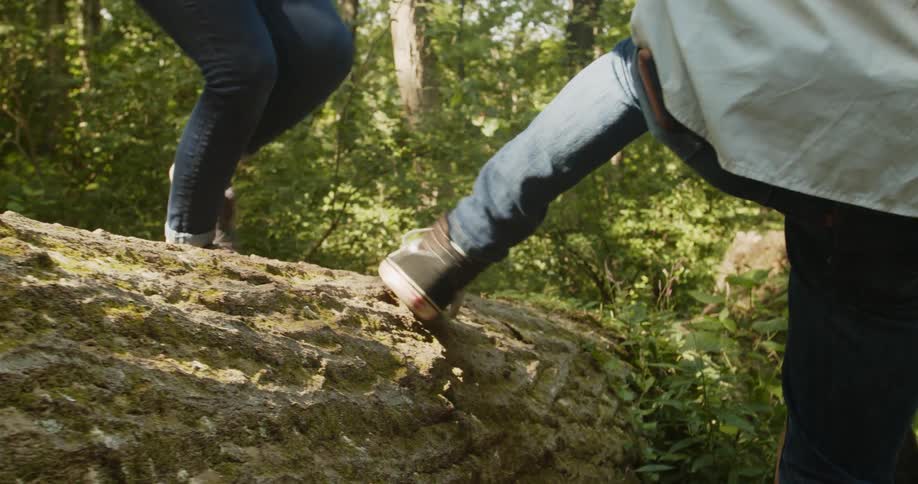 Man with a white shirt and jeans holding the hand of a woman wearing a sweater and jeans helps her walk over a tree trunk in the woods