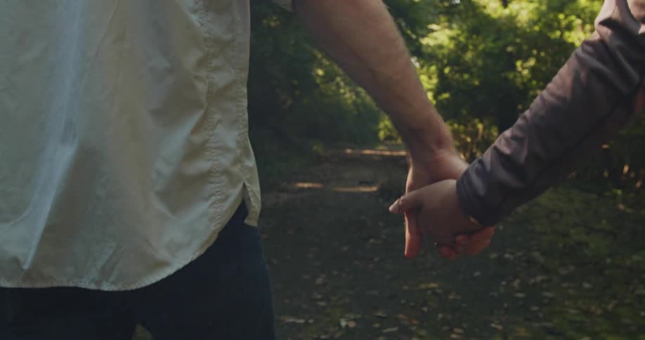 Man and woman holding hands walk a dog on a track in the woods