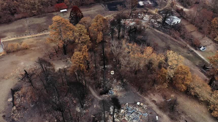 Fire damage to a few homes on dirt road in the fall