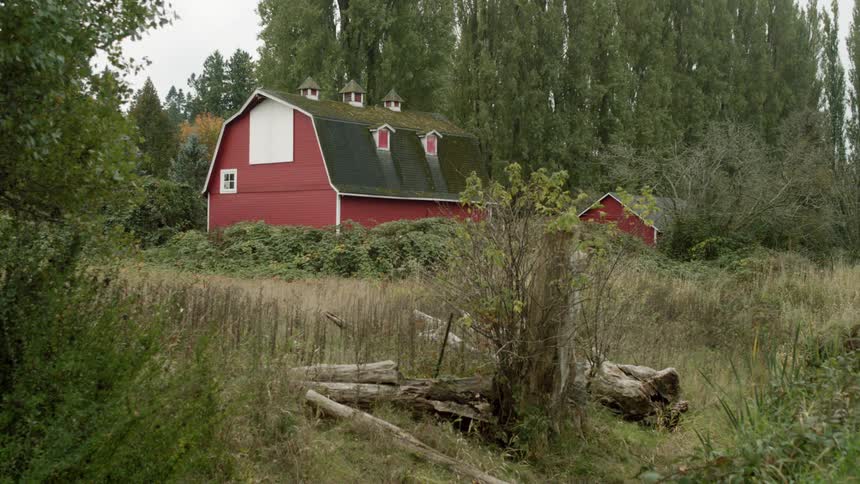 Barn in rural area surrounded by trees bushes and grass