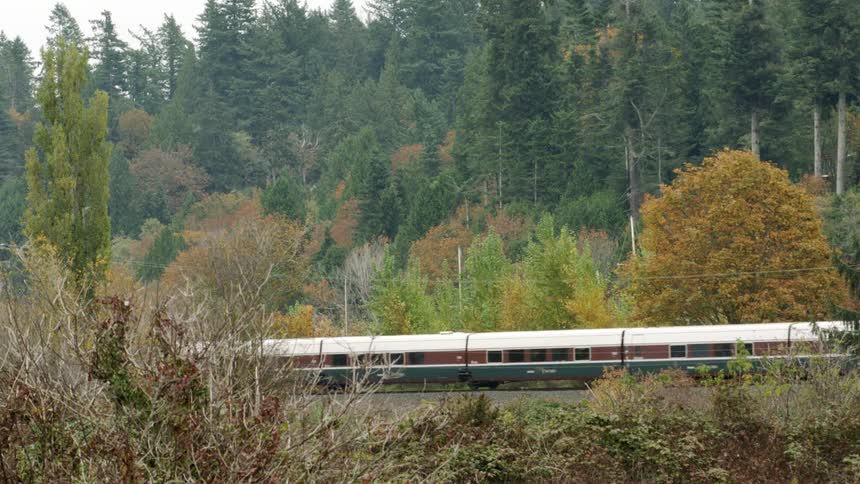 A train passes through a rural area near tree covered hills