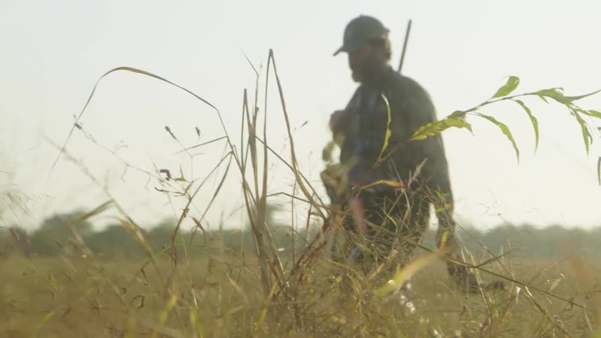 Man carrying tools walking through a field on a sunny day