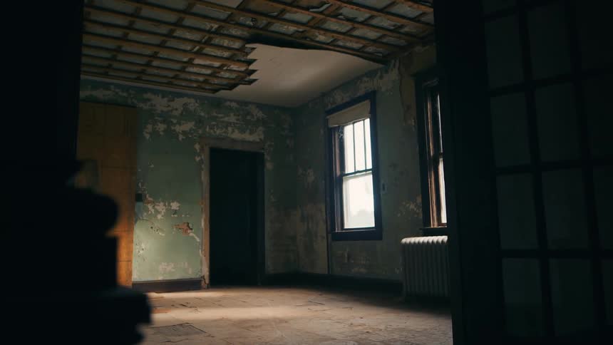 Wooden board lays against room with damaged ceiling in room with windows