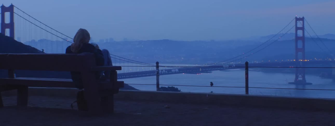 A woman sits on a bench overlooking a bridge and water at dusk
