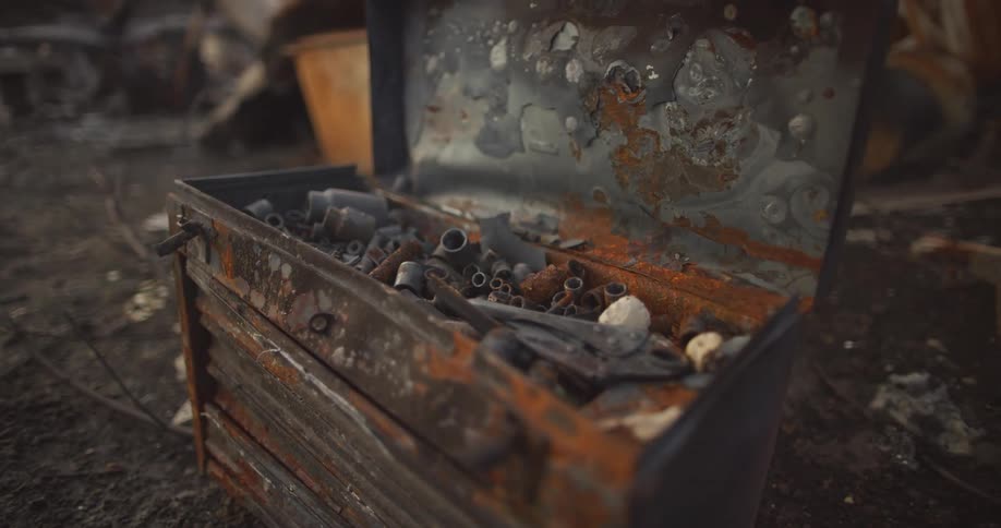 Old rusty tool box with sockets and pliers sits on the floor