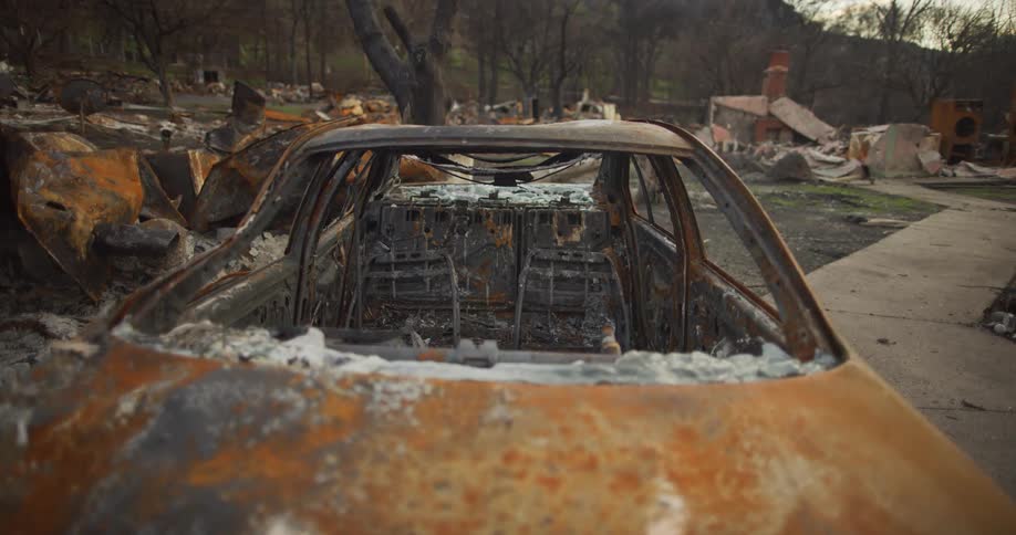 A rusted and damaged car sits on a street with a collapsed house in the background