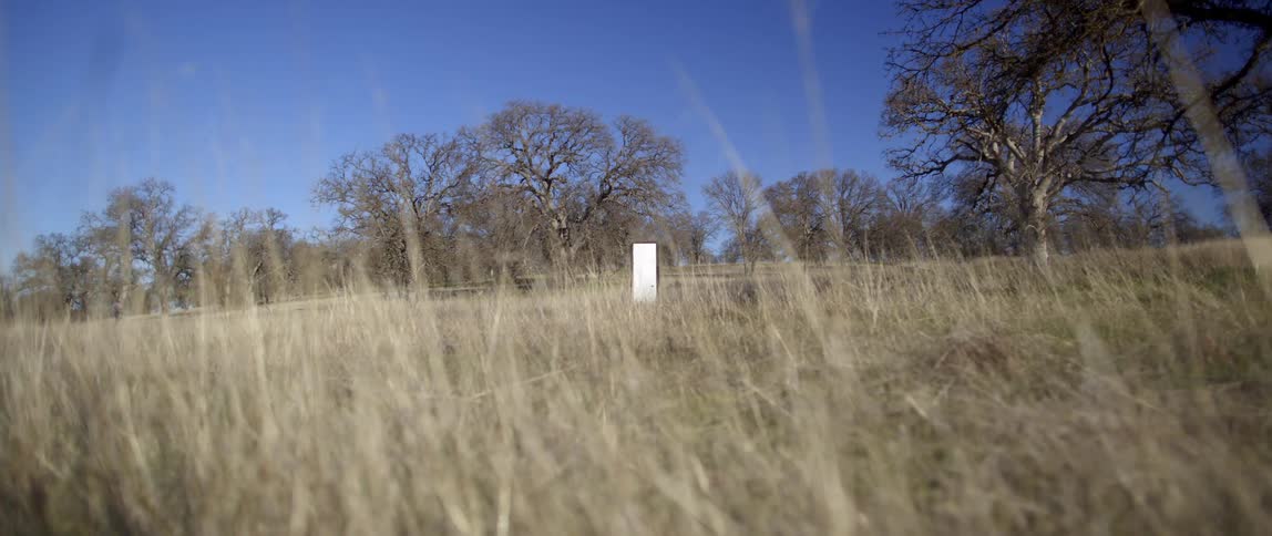 A white door sits in the middle of a field in the countryside