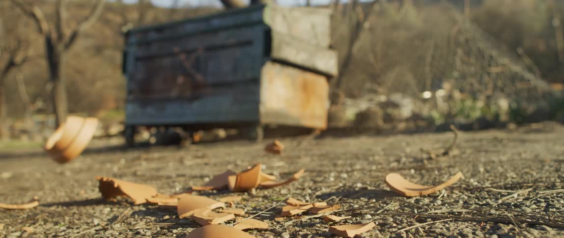 Ceramic planter pot crashes on to the ground in front of a dumpster and shatters