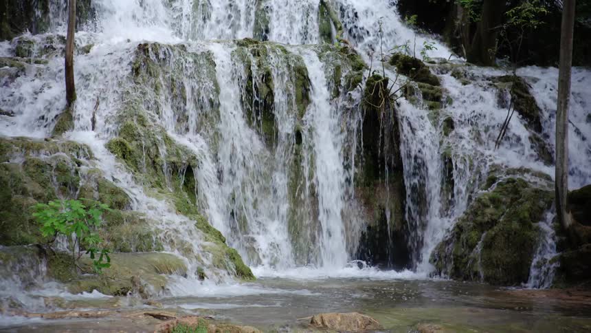 Forest river waterfall at daytime with water flowing forwards