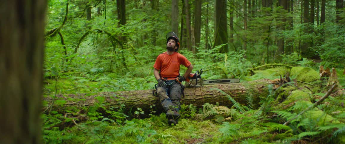 A male logger sits atop a fallen tree trunk in a forest with his chainsaw next to him