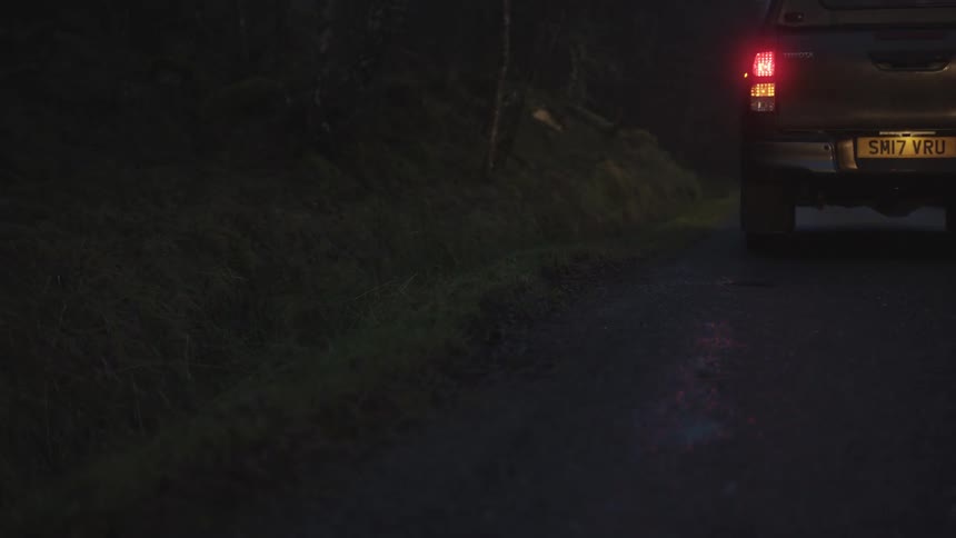 Truck parked on a road with its hazard lights on