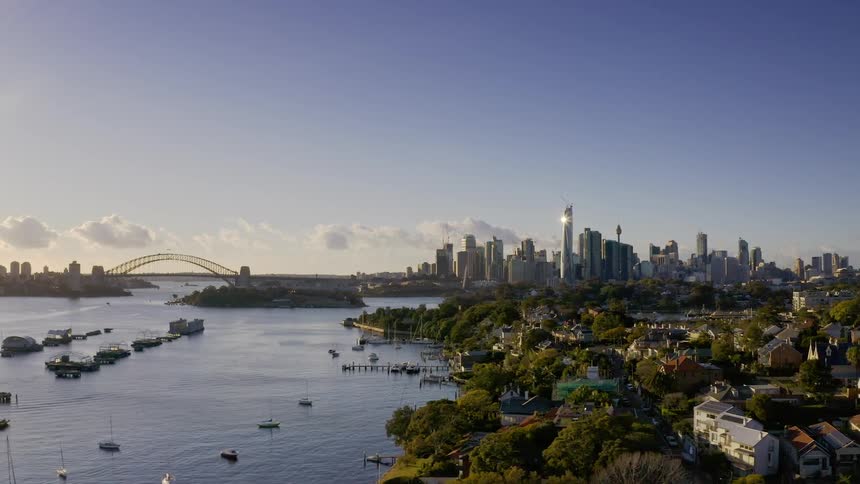 Boats sit in water near vegetation dotted neighborhood with bridge and city skyline toward horizon