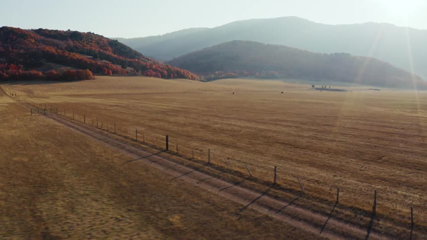 Grass plains and mountains with trees and streaming sunlight