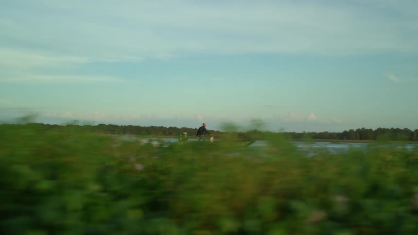 A person drive a boat on water with trees and grass in the background on a clear sunny day